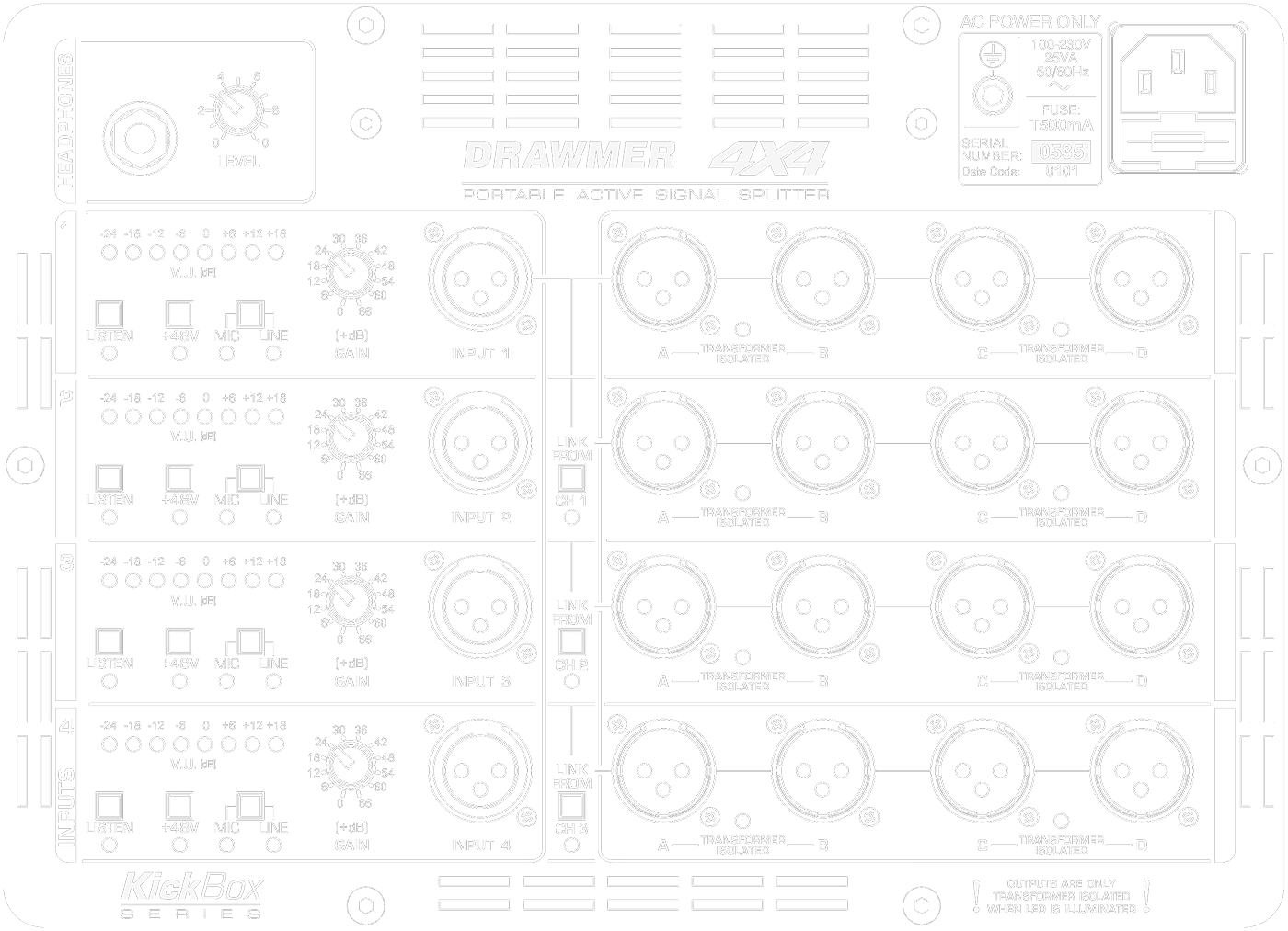 A line drawing of the front panel of the 4X4 showing controls and connectors